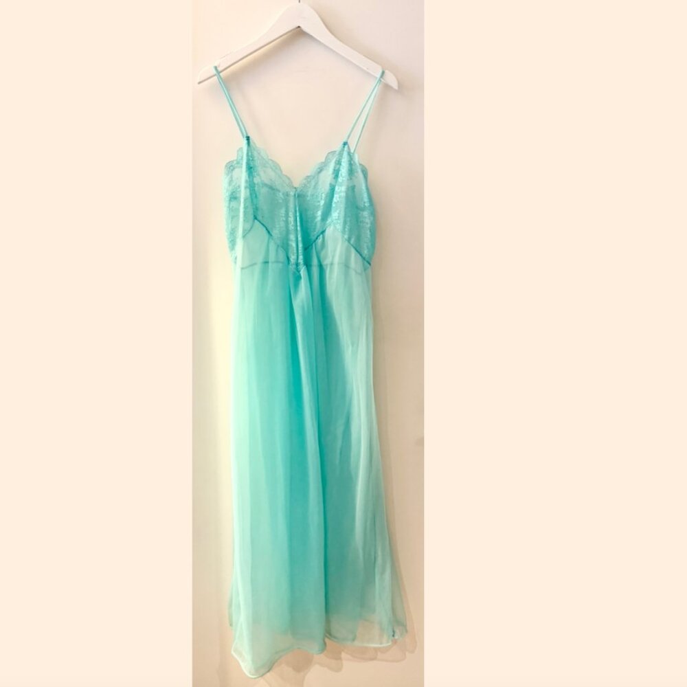 Vintage Turquoise Tulle and Lace V Neckline Sheer Slip Maxi Dress - Size M